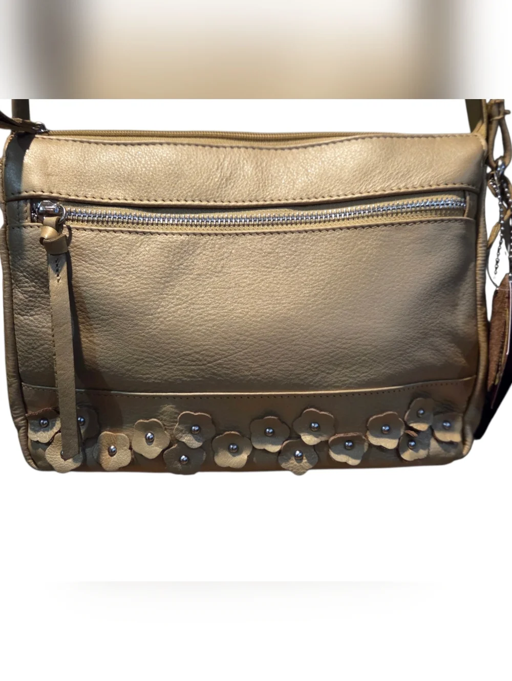Great American Leather - NEW Shimmery Beige Leather Crossbody Bag Floral Studded - Picture 2 of 13